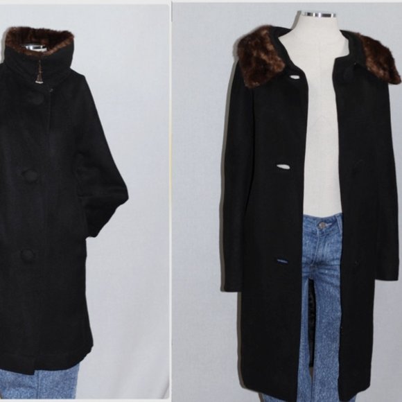 Fur Collar Black Wool Trench Coat - Picture 10 of 15